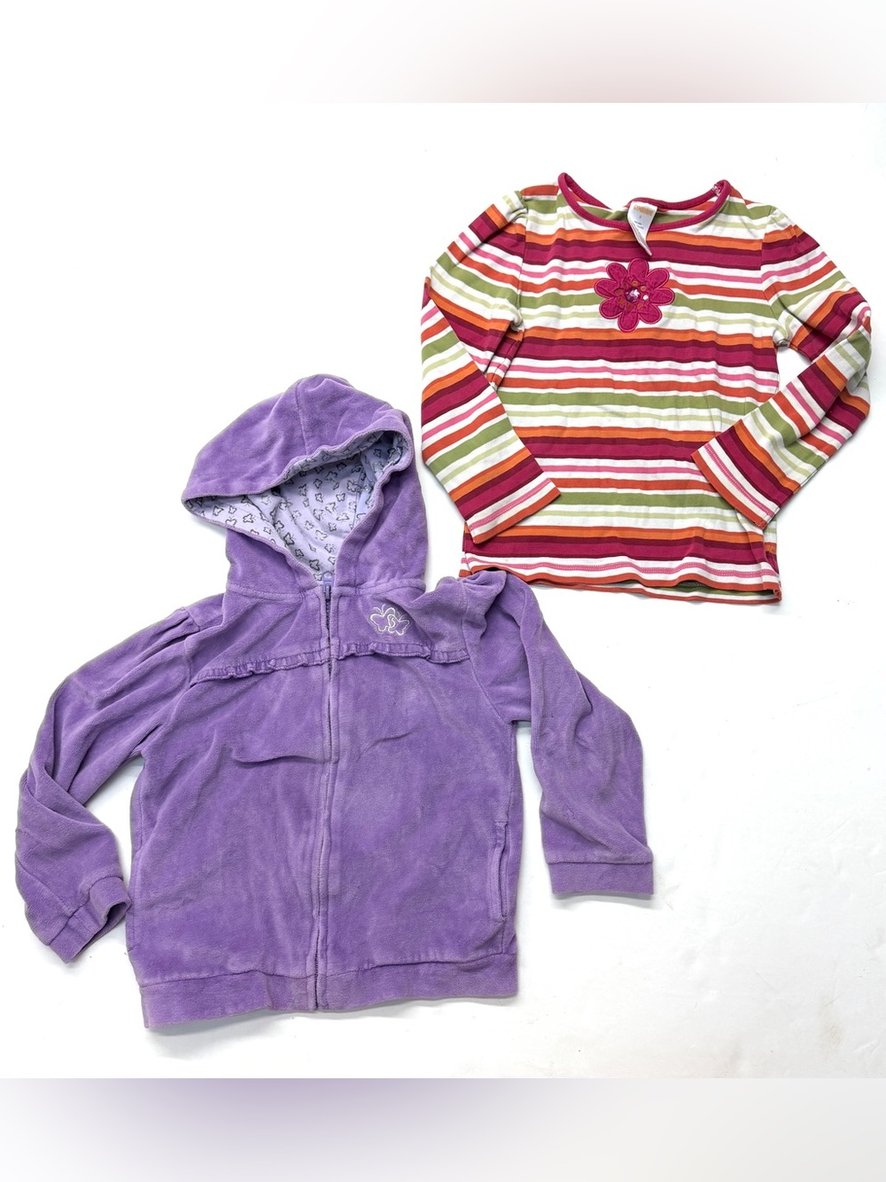 Y2K Faded Glory Purple Velour Hoodie Velvet Gymboree Stripe Long Sleeve Tee Top